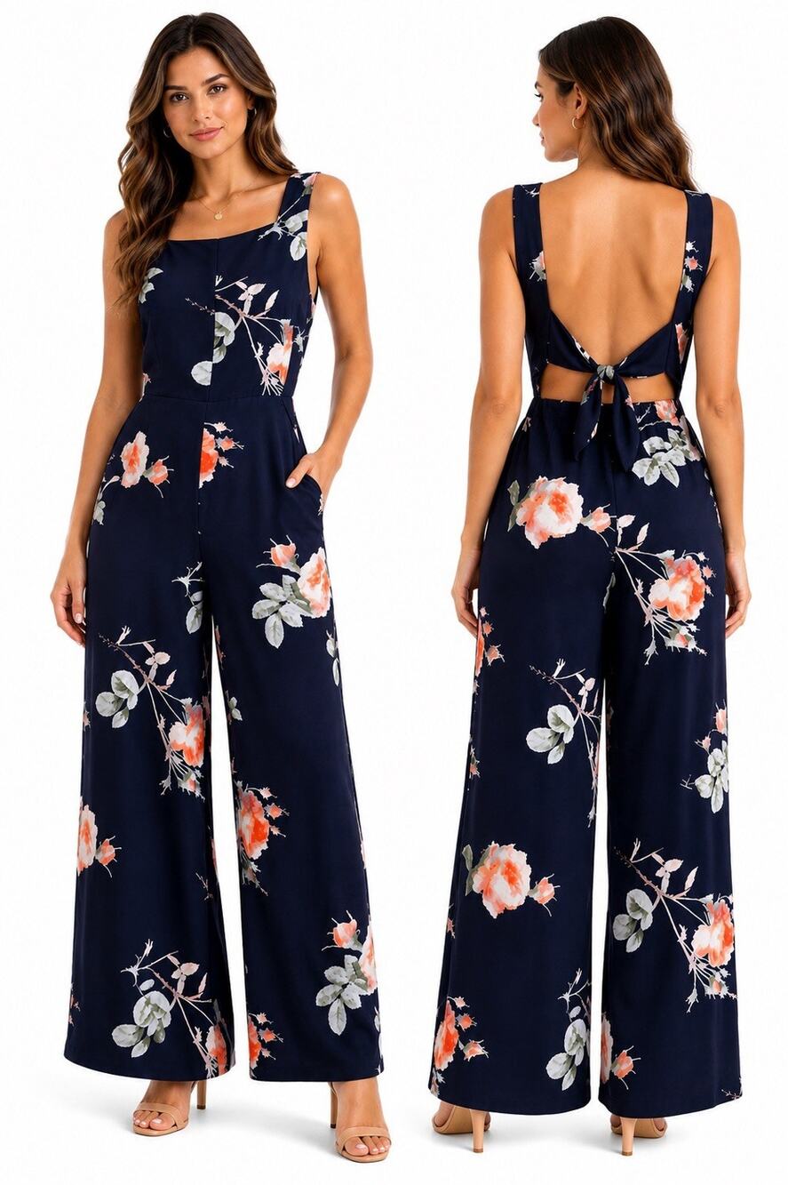 Wilfred Aritzia Floral Jumpsuit Women’s 4 Navy Open Back Tie Wide Leg